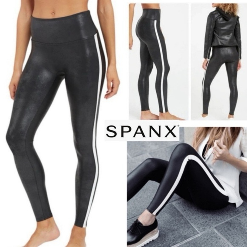 Spanx Faux Leather Black Leggings with White Stripe